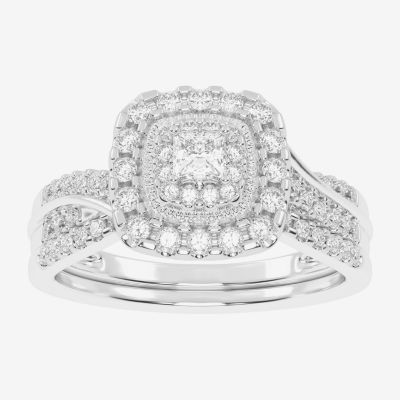Womens 1/2 CT. T.W. Natural White Diamond 10K White Gold Cushion Side Stone Halo Bridal Set