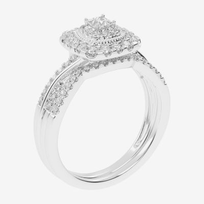 Womens 1/2 CT. T.W. Natural White Diamond 10K White Gold Cushion Side Stone Halo Bridal Set