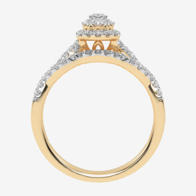 Womens 1/2 CT. T.W. Natural White Diamond 10K White Gold Pear Side Stone Halo Bridal Set