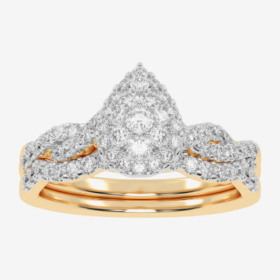 Womens 1/2 CT. T.W. Natural White Diamond 10K White Gold Pear Side Stone Halo Bridal Set