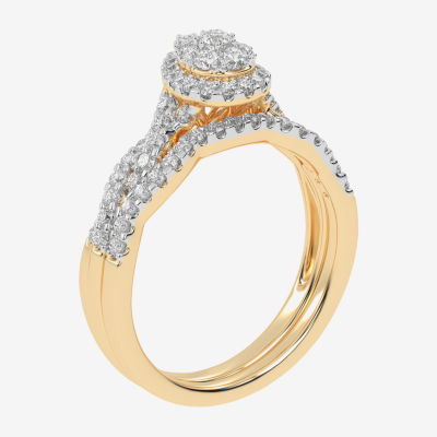 Womens 1/2 CT. T.W. Natural White Diamond 10K White Gold Pear Side Stone Halo Bridal Set