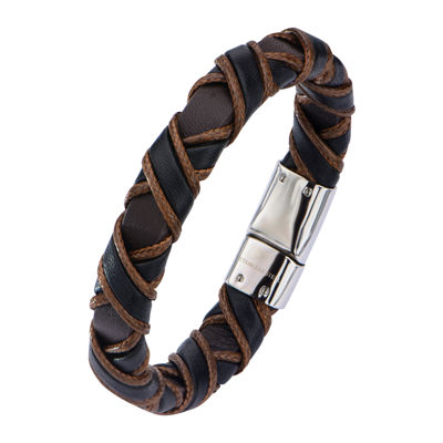 Inox® Jewelry Mens Stainless Steel Black & Brown Woven Leather Bracelet