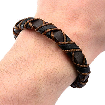 Men's Woven Stainless Steel and Black Leather Bracelet