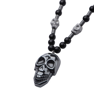 Inox® Jewelry Mens Hematite Skull With Black Agate Stainless Steel Bead Pendant