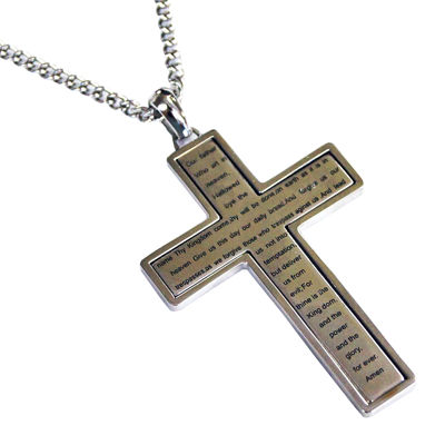 Mens Cubic Zirconia Stainless Steel Lords Prayer Cross Pendant