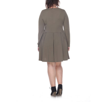 White Mark Womens Plus Long Sleeve Fit + Flare Dress