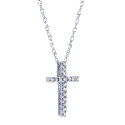 Womens 1/10 CT. T.W. Natural White Diamond 10K White Gold Cross 16 Inch Pendant Necklace