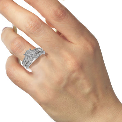 Womens 1 1/2 CT. T.W. Natural White Diamond 10K White Gold Round Side Stone Halo Bridal Set