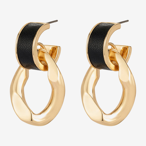Worthington Black Leather & Gold Tone Link Hoop Earrings
