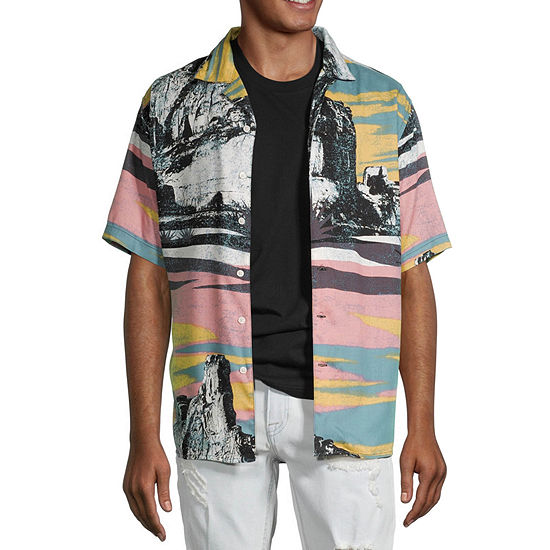 Arizona Mens Regular Fit Short Sleeve Abstract Button-Down Shirt