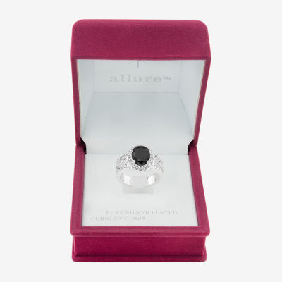 Sparkle Allure Split Shank Womens Black Crystal Pure Silver Over Brass Oval Halo Cocktail Ring