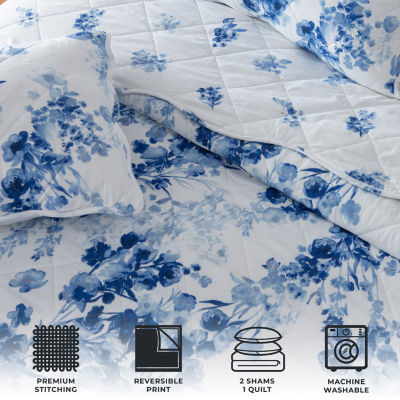 Linery Blue Watercolor Florals Reversible Quilt Set