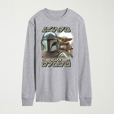 Novelty The Mandalorian And Grogu Aurebesh Alien Script Mens Crew Neck Long Sleeve Regular Fit Baby Yoda Star Wars Graphic T-Shirt, Xx-large, Gray