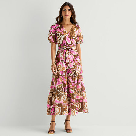 MSK Womens V Neck Short Sleeve Puffed Maxi Dress
