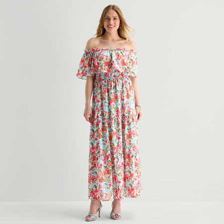 Rabbit Rabbit Rabbit Design Womens Midi Straight Neck Short Sleeve Off the Shoulder Floral Fit + Flare Dress, 12, Orange