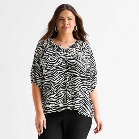 Liz Claiborne Womens Plus Elbow Sleeve Blouse, 3x, Black