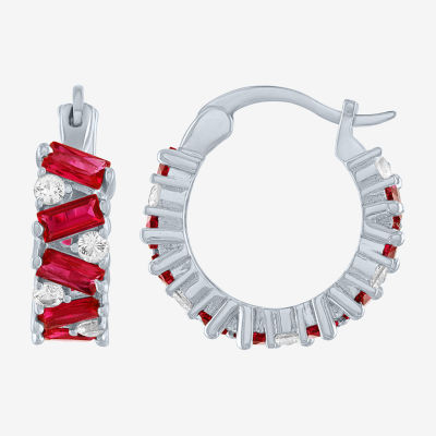 Womens Lab Created Red Ruby Sterling Silver Hoop Earrings