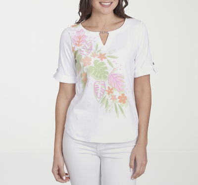 Hearts Of Palm Womens Keyhole Neck Elbow Sleeve T-Shirt