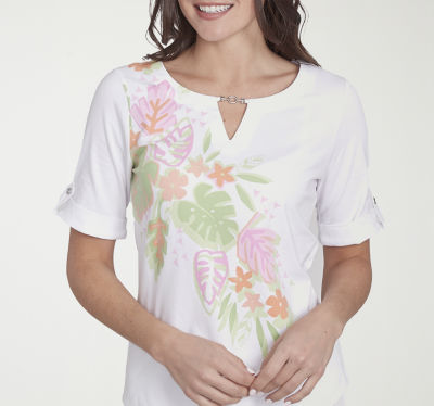 Hearts Of Palm Womens Keyhole Neck Elbow Sleeve T-Shirt