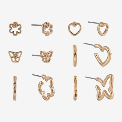 Arizona Gold Tone Womens Butterfly Flower 6 Pair Earring Set