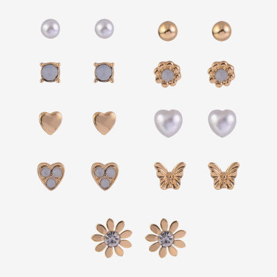 Arizona Gold Tone Daisy Womens Glass Butterfly Flower Heart 6 Pair Earring Set