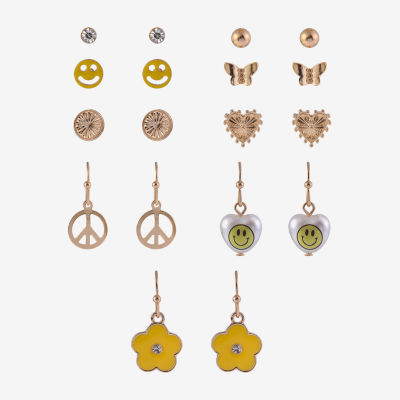 Arizona Gold Tone Daisy Womens Butterfly Flower Heart 6 Pair Earring Set