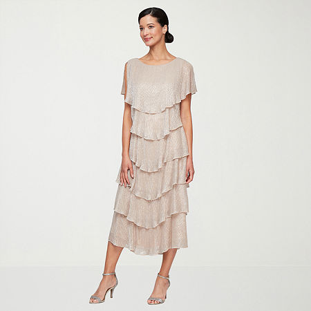 S. L. Fashions Womens Midi Round Neck Short Sleeve Shift Dress