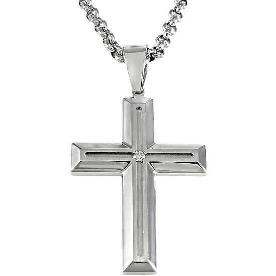 Mens Stainless Steel Diamond-Accent Cross Pendant Necklace