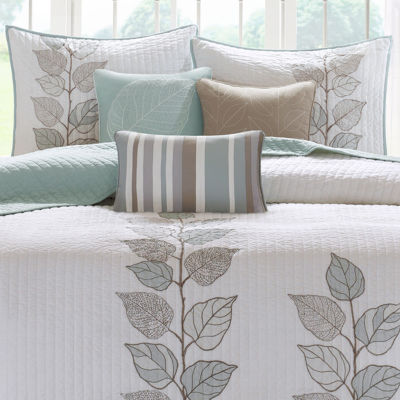 Madison Park Rochelle 6-Pc Embroidered Leaf Quilt Set With Throw Pillows