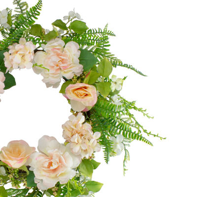 Northlight 24in Rose And Peony Fern Floral Indoor Christmas Wreath