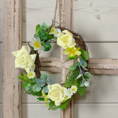 Northlight 7in Mini Rose And Foliage Yellow Indoor Christmas Wreath