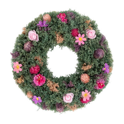 Northlight 13in Pink Rose And Thistle Mixed Floral Wreath