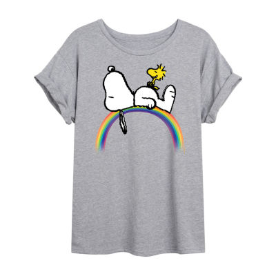Juniors Snoopy And Woodstock Rainbow Womens Crew Neck Short Sleeve Graphic T-Shirt
