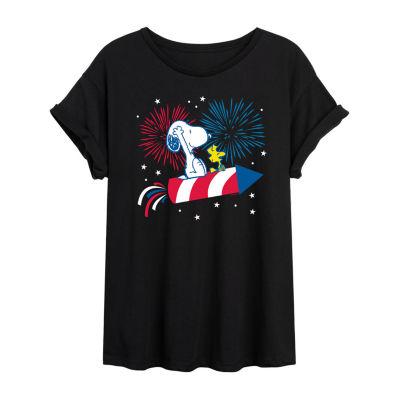 Juniors Snoopy And Woodstock Firecracker Womens Crew Neck Short Sleeve Graphic T-Shirt