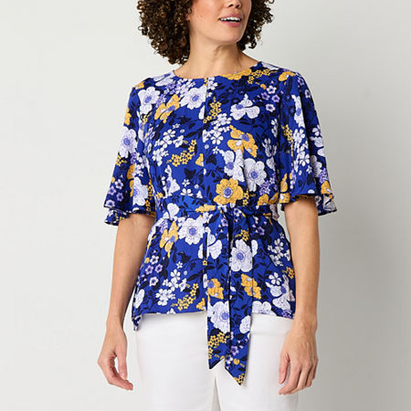 Liz Claiborne Womens Keyhole Neck Short Sleeve Satin Tall Blouse, Small Tall, Blue