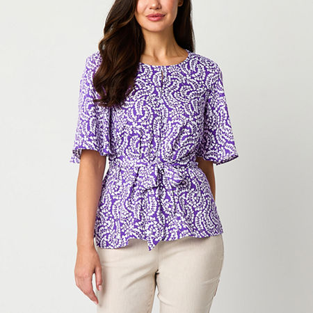 Liz Claiborne Tall Womens Keyhole Neck Short Sleeve Satin Blouse