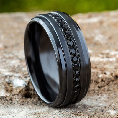 Mens Comfort Fit 9mm Black Titanium and Cubic Zirconia Wedding Band