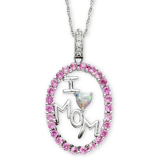 Lab Created Pink & White Sapphire "I Heart Mom" Pendant Necklace
