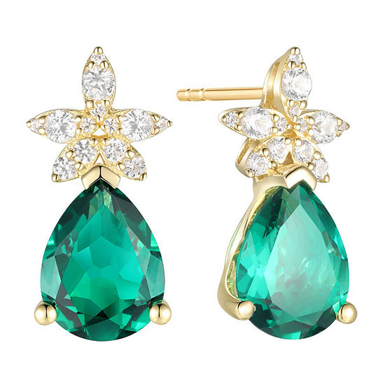 Lab Created Green Emerald 14K Gold Over Silver Drop Earrings