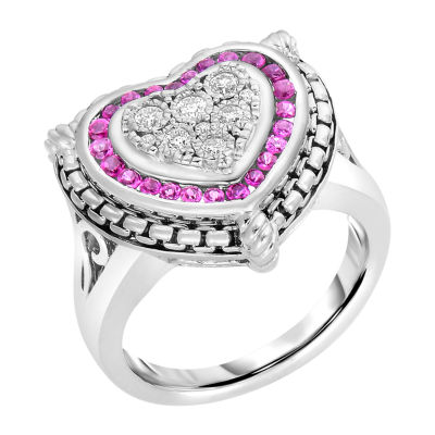 Lab Created Ruby and 1/7 CT.T.W. Natural Diamond Heart Ring in Sterling SIlver