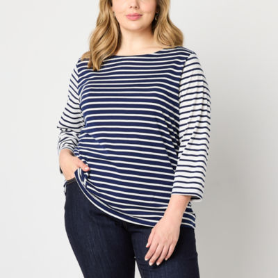 St. John's Bay Womens Boat Neck 3/4 Sleeve Plus T-Shirt