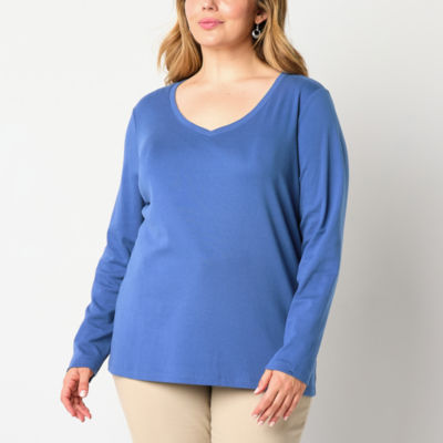 St. John's Bay Womens V Neck Long Sleeve Plus T-Shirt