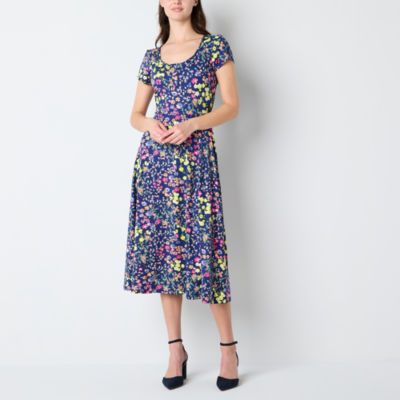 Studio 1 Womens Short Sleeve Floral Midi Fit + Flare Dress