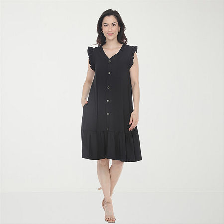 White Mark Button Front Womens Short Sleeve Swing Dresses In Black