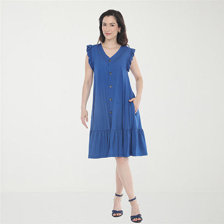 White Mark Button Front Womens Short Sleeve Swing Dresses In Blue