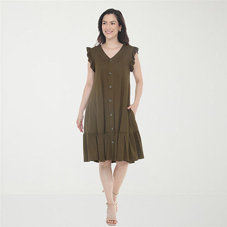 White Mark Button Front Womens Short Sleeve Swing Dresses In Green