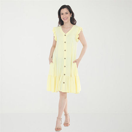 White Mark Button Front Womens Short Sleeve Swing Dresses In Yellow