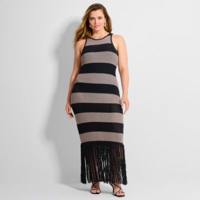 Ashley Graham Womens Plus Crew Neck Sleeveless Sheath Dress