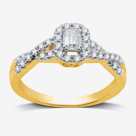 I Said Yes (H-I / I1) Womens 1/2 CT. T.W. Lab Grown White Diamond Sterling Silver or 14K Gold Over Silver Side Stone Halo Engagement Ring, 8, Yellow