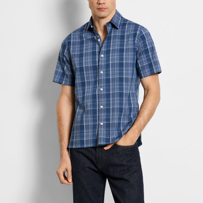 Van Heusen Slim Mens Moisture Wicking Fit Short Sleeve Plaid Button-Down Shirt
